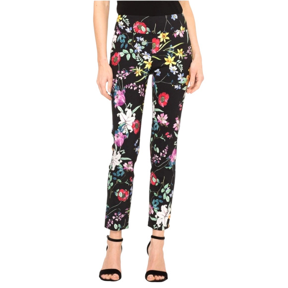 JOSEPH RIBKOFF Size US 6 Black Multicolor Floral Pull-On Stretch Cropped Pants - Picture 1 of 6